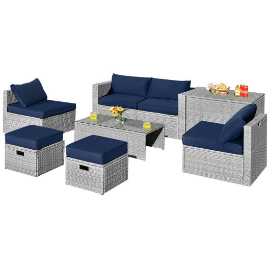 8 Pieces Patio Rattan Furniture Set with Storage Waterproof Cover and Cushion-Navy