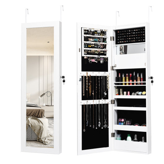 Lockable Wall Door Mounted Mirror Jewelry Cabinet w/LED Lights-White