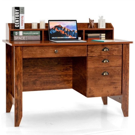 Vintage Computer Desk with Storage Shelves and 4 Drawers-Rustic Brown