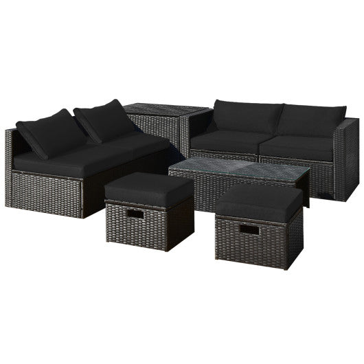 8 Pieces Patio Rattan Storage Table Furniture Set-Black