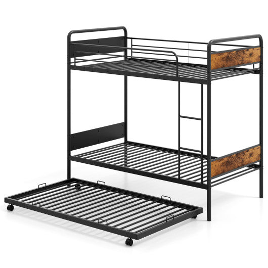 Twin Over Twin Bunk Bed with Trundle with Ladder and Full-length Guardrails-Black