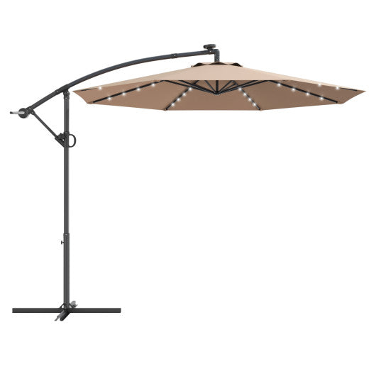 10 ft 360° Rotation Solar Powered LED Patio Offset Umbrella without Weight Base-Beige