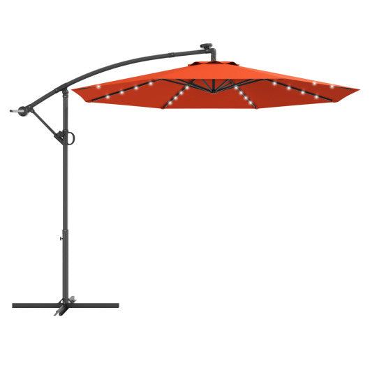 10 ft 360° Rotation Solar Powered LED Patio Offset Umbrella without Weight Base-Orange