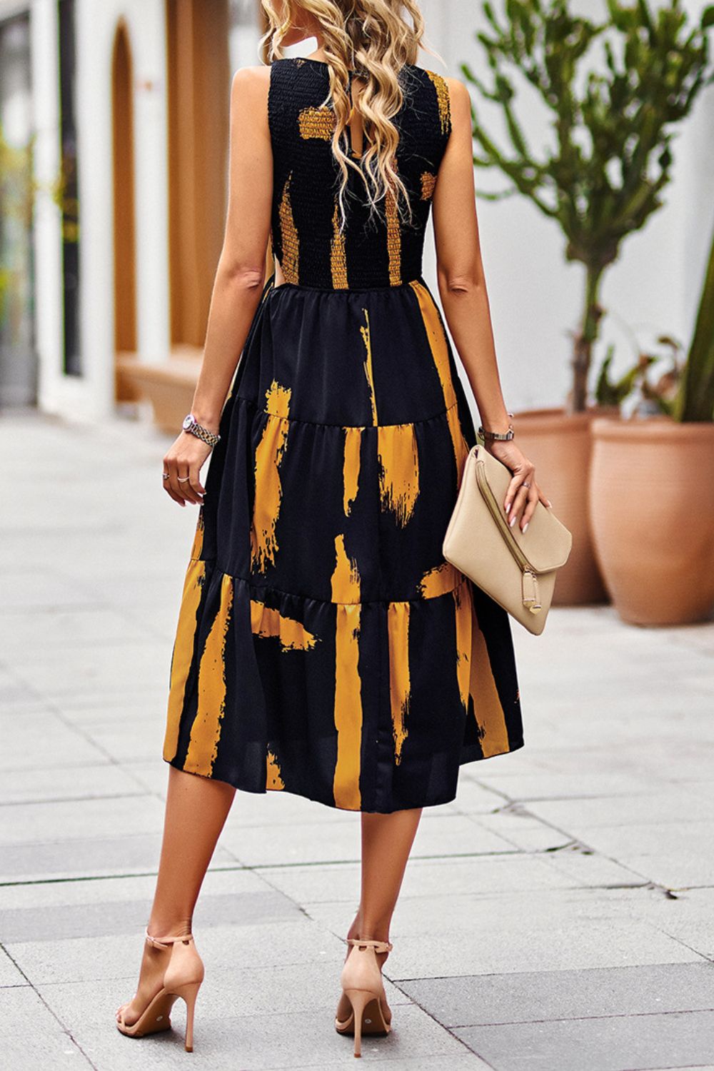 Printed Round Neck Slit Sleeveless Dress by Faz