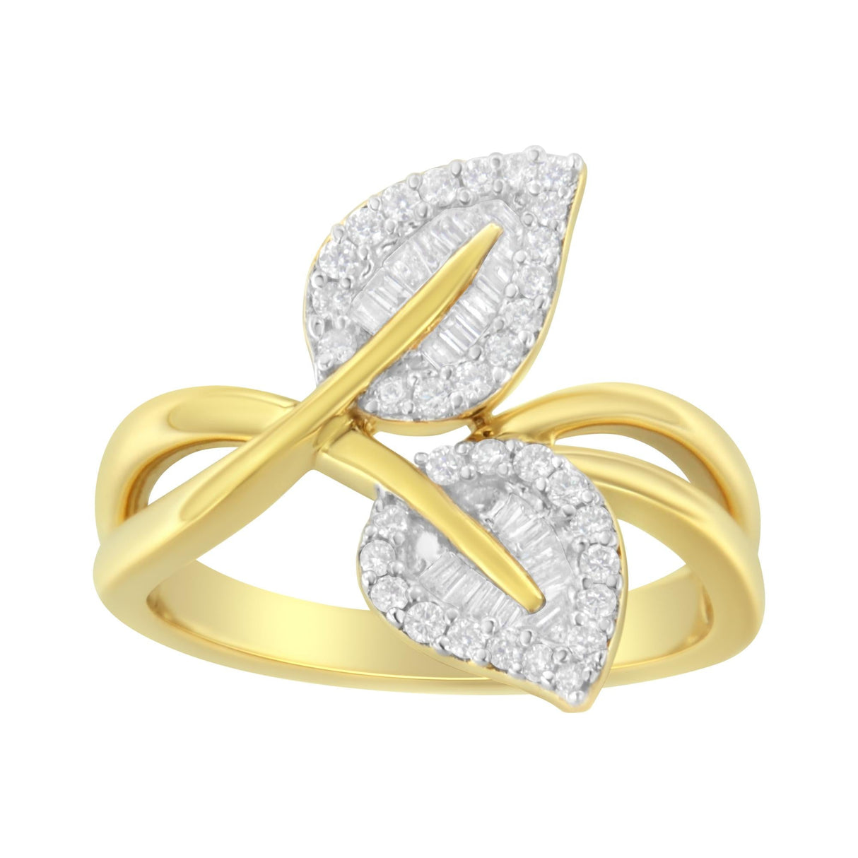 10K Yellow Gold 3/8 Cttw Round and Baguette-Cut Diamond Leaf Cocktail Ring (I-J Color, I1-I2 Clarity) by Haus of Brilliance