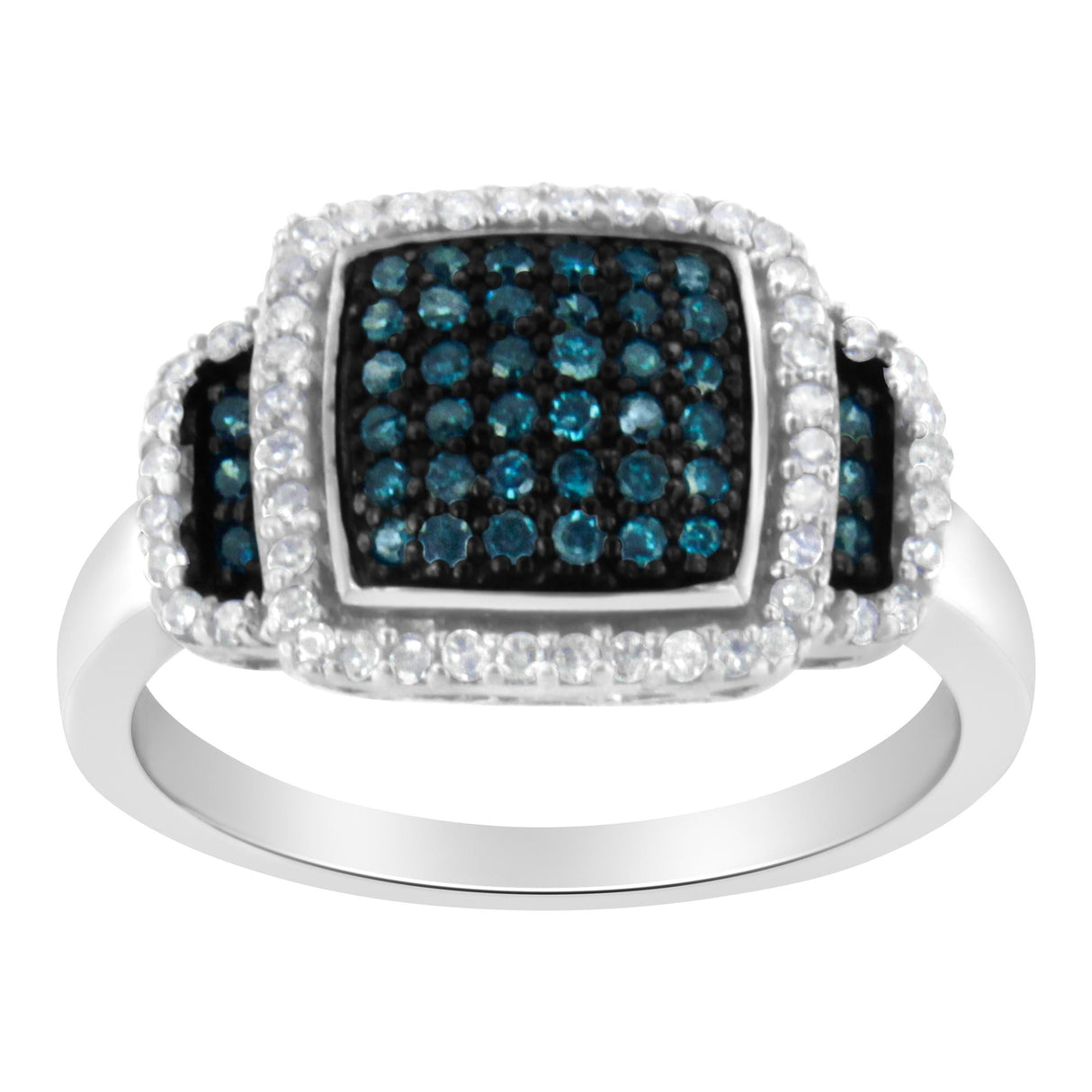 Black Rhodium Plated .925 Sterling Silver 1/2 Cttw White & Blue Diamond Square Halo Cocktail Ring (Fancy Blue & H-I Color, I2-I3 Clarity) by Infinite Jewels