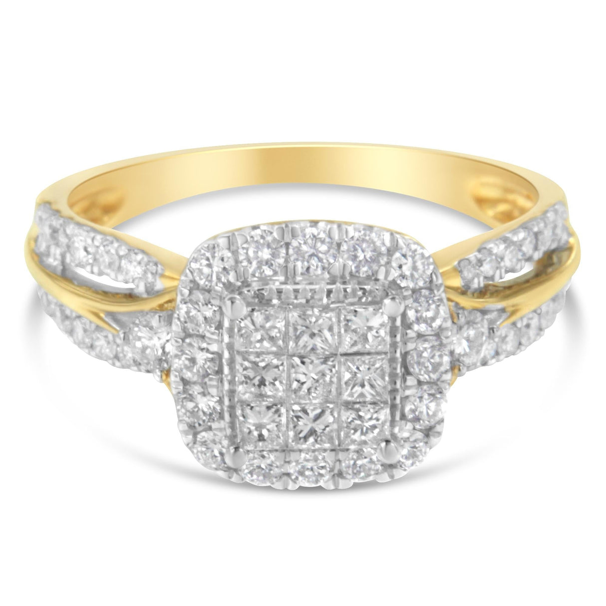 10K Yellow Gold 1.0 Cttw Diamond Composite Cushion-Shape Halo 3-Band-Look Engagement Ring (H-I Color, SI1-SI2 Clarity) by Haus of Brilliance