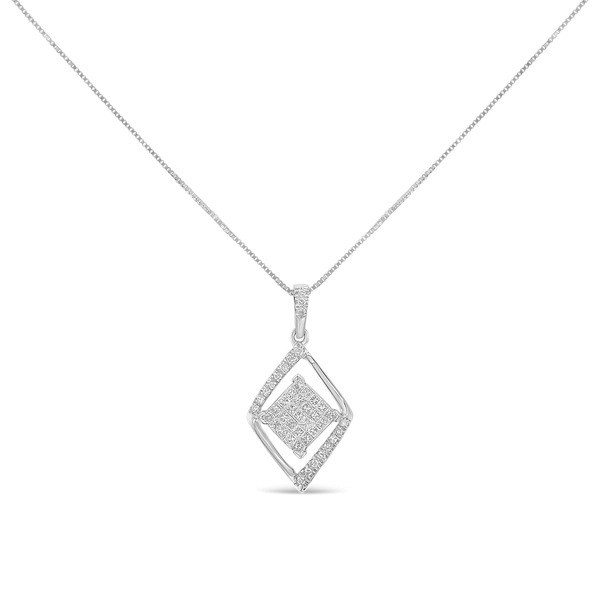 10k White Gold 1/3 Cttw Round and Princess-Cut Diamond Double Triangle 18" Pendant Necklace (H-I Color, SI1-SI2 Clarity) by Haus of Brilliance