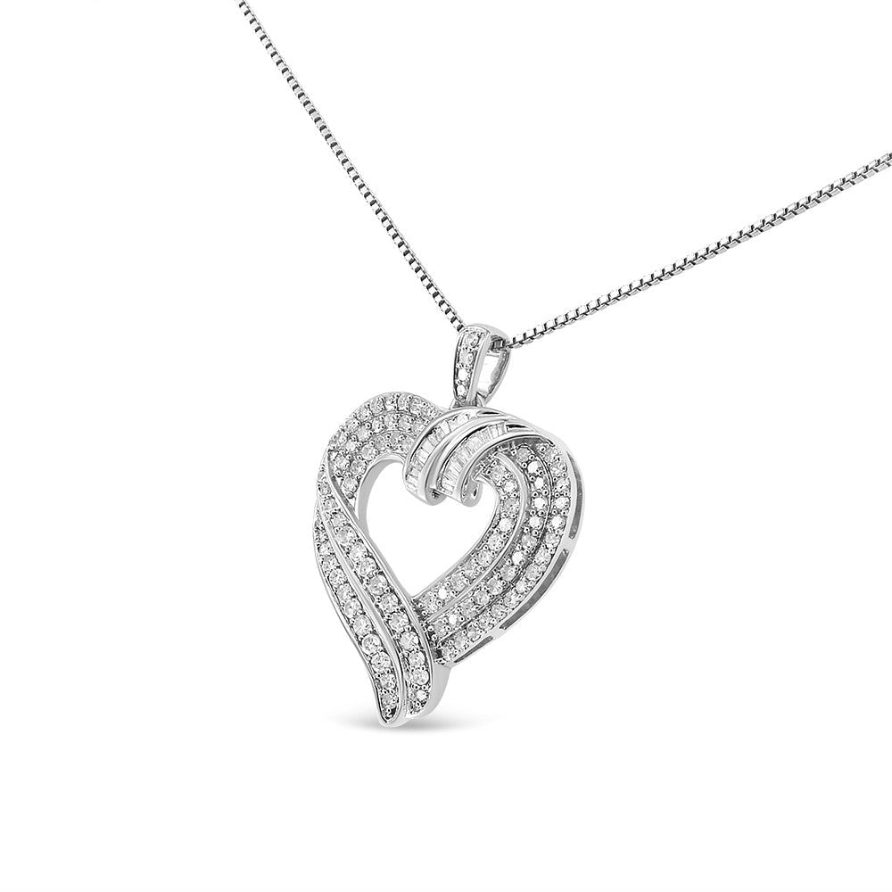 .925 Sterling Silver 1.00 Cttw Baguette Diamond Composite Open Heart 18" Inch Pendant Necklace (I-J Color, I1-I2 Clarity) by Haus of Brilliance