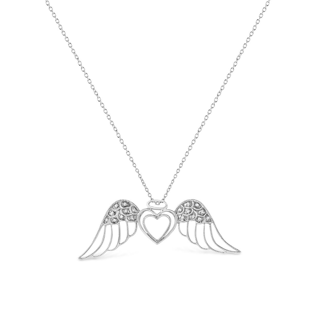 .925 Sterling Silver Pave-Set Diamond Accent Angel Wing 18" Double Heart Pendant Necklace (I-J Color, I1-I2 Clarity) by Haus of Brilliance