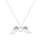 .925 Sterling Silver Pave-Set Diamond Accent Angel Wing 18" Double Heart Pendant Necklace (I-J Color, I1-I2 Clarity) by Haus of Brilliance