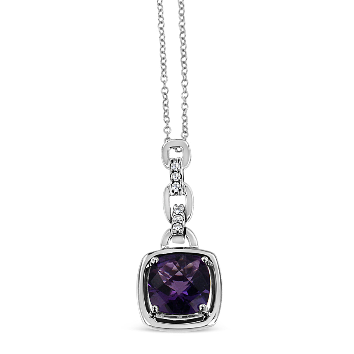 .925 Sterling Silver 6x6MM Cushion Shaped Natural Purple Amethyst and Diamond Accented Bale 18" Inch Pendant Necklace (I-J Color, I1-I2 Clarity) by Haus of Brilliance