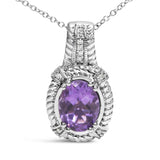 .925 Sterling Silver 9x7mm Oval Purple Amethyst and Round Diamond Accent Fashion Drop Pendant 18 Inch Necklace (I-J Color, I1-I2 Clarity) by Haus of Brilliance