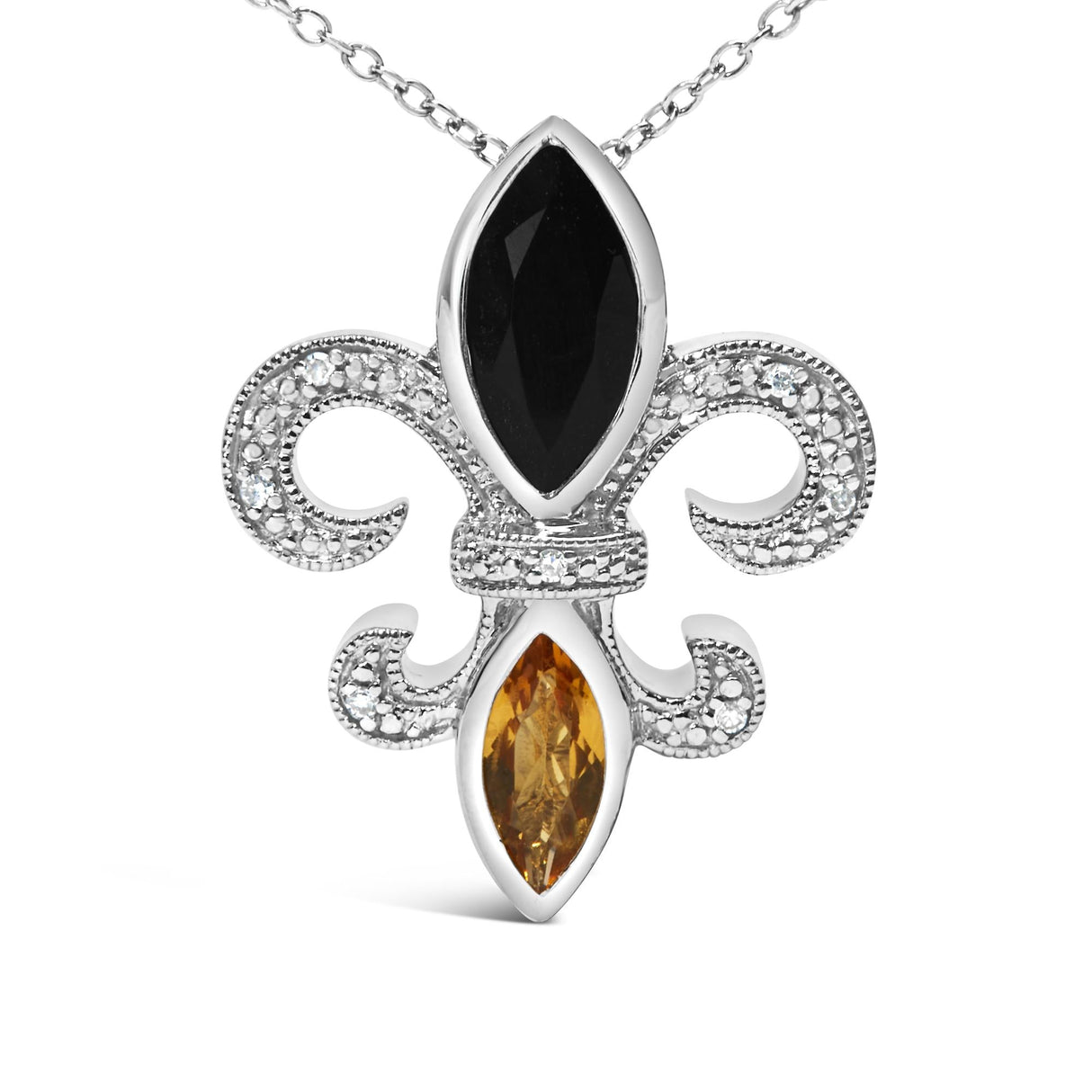 .925 Sterling Silver Marquise Onyx and Citrine and Diamond Accent Fleur De Lis Pendant Necklace (H-I Color, SI1-SI2 Clarity) - 18" by Haus of Brilliance