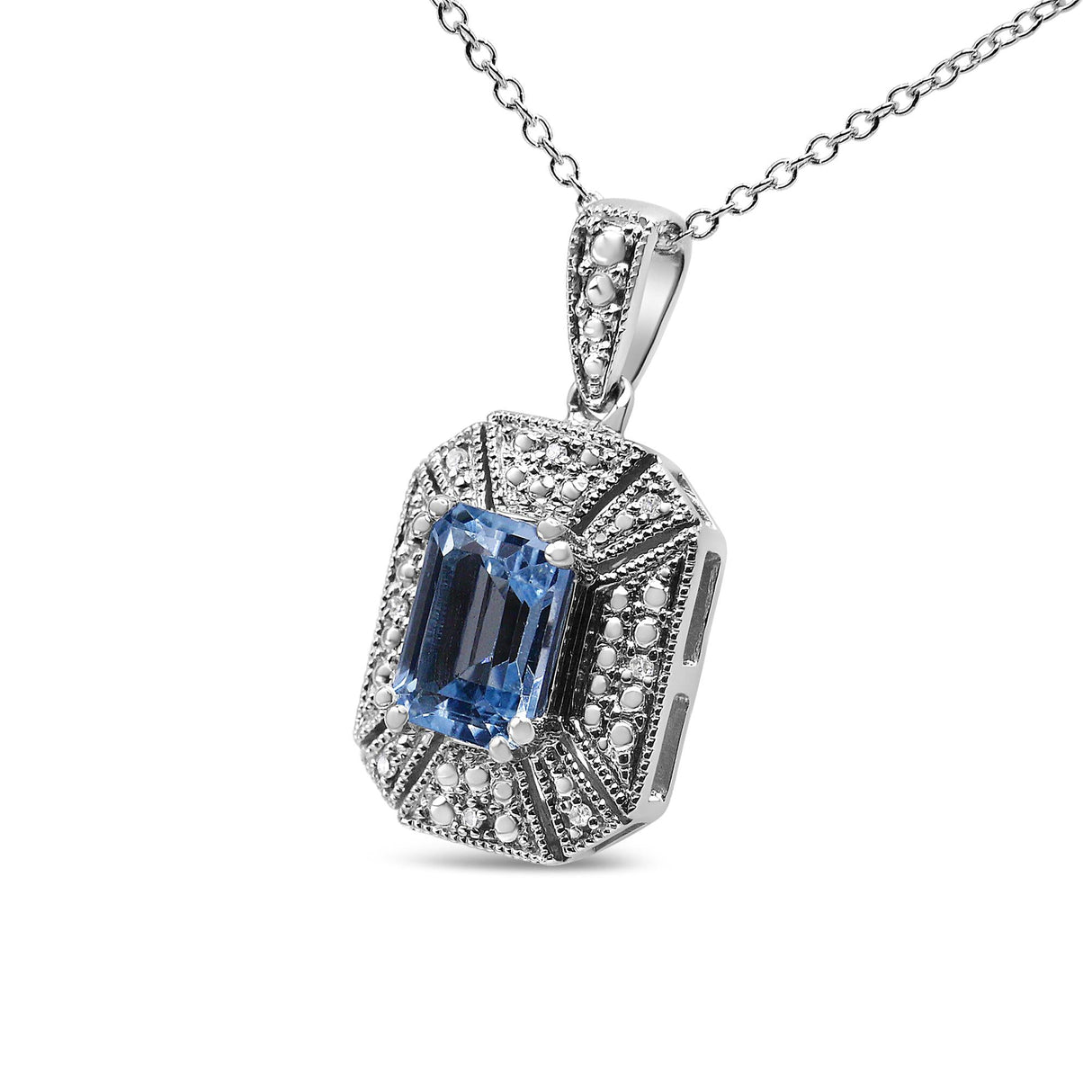 .925 Sterling Silver Blue Topaz and Diamond Accent Art Deco Style 18" Pendant Necklace (I-J Color, I1-I2 Clarity) by Haus of Brilliance