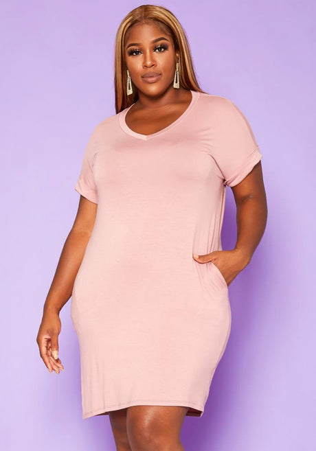 Plus Size V-Neck T-shirt Dress With Pocket by Shop at Konus