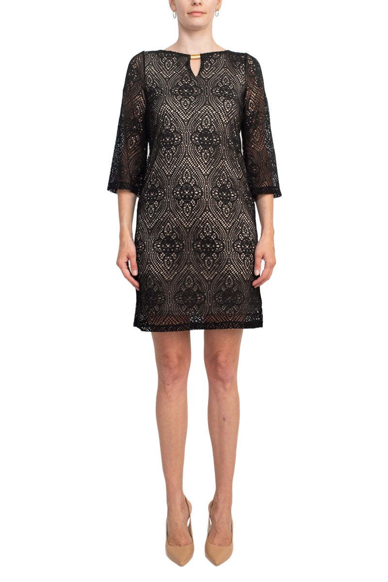 Emma & Michele Boat Neck Keyhole 3/4 Sleeve Illusion Lace Dress by Curated Brands