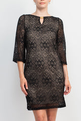 Emma & Michele Boat Neck Keyhole 3/4 Sleeve Illusion Lace Dress by Curated Brands