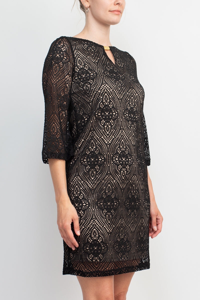 Emma & Michele Boat Neck Keyhole 3/4 Sleeve Illusion Lace Dress by Curated Brands