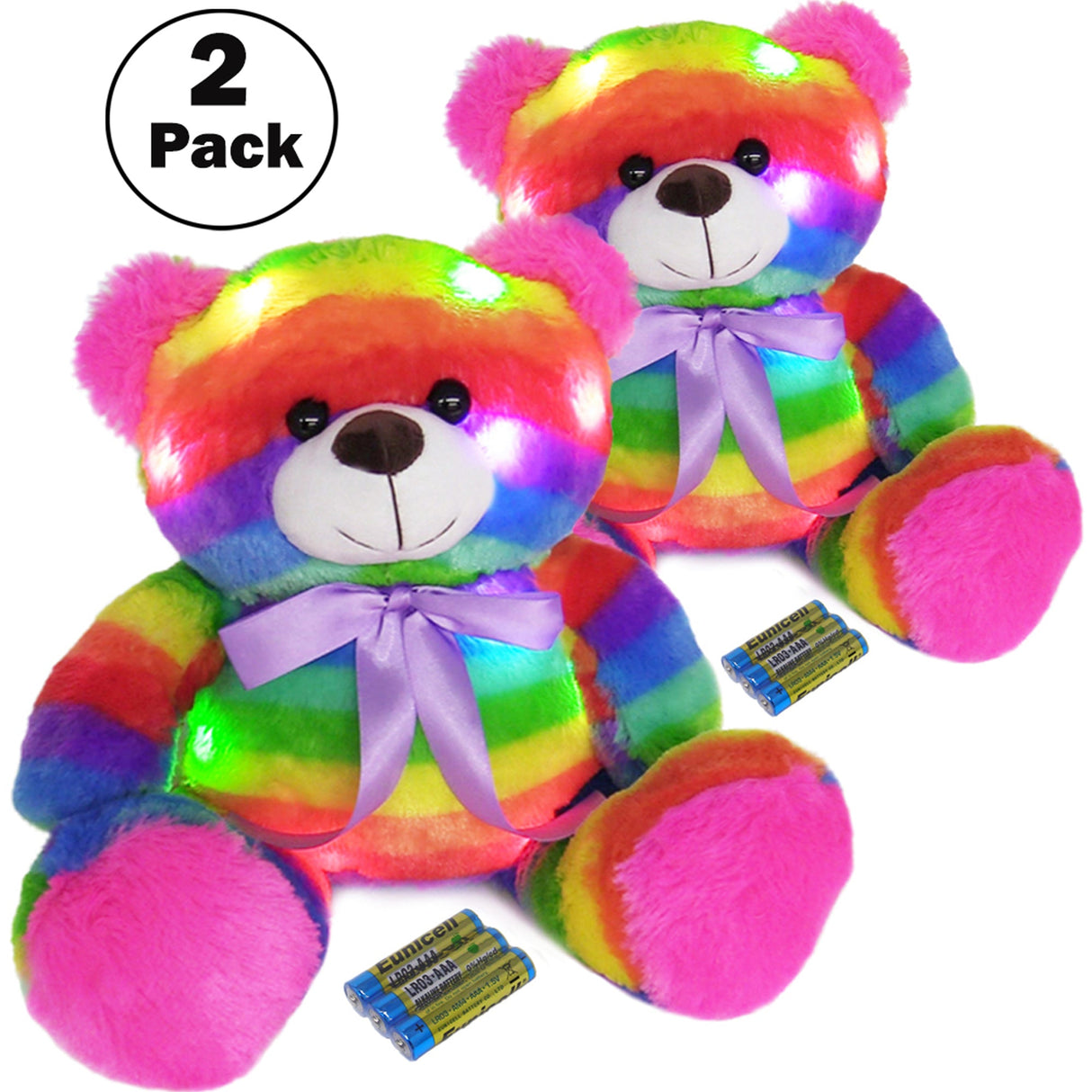 Rainbow Lites Teddy Bear Glow Plush LED Night Light Up Stuffed Animal 2 Pack Set  (16 inch, Batteries Included) by The Noodley