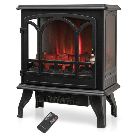 1400W Electric Stove Heater with 3-Level Flame Effect and 3-Sided View-Black