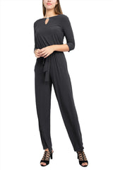 Emma & Michele Boat Neck Keyhole Front 3/4 Sleeve Tie Waist Blouson Keyhole Back Jersey Jumpsuit by Curated Brands