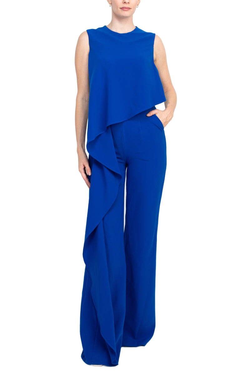 Jovani Ruffle trim sleeveless high waist one-piece scoop neck crepe jumpsuit by Curated Brands