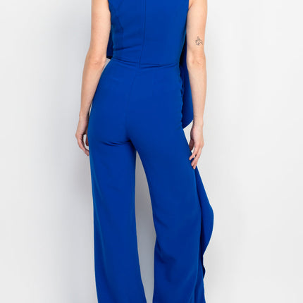 Jovani Ruffle trim sleeveless high waist one-piece scoop neck crepe jumpsuit by Curated Brands