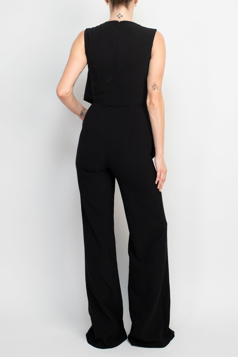 Jovani Ruffle trim sleeveless high waist one-piece scoop neck crepe jumpsuit by Curated Brands