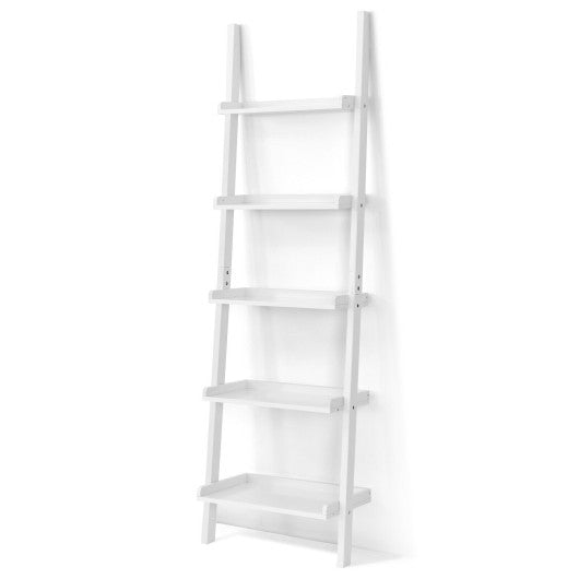 5-Tier Wall-leaning Ladder Shelf  Display Rack for Plants and Books-White