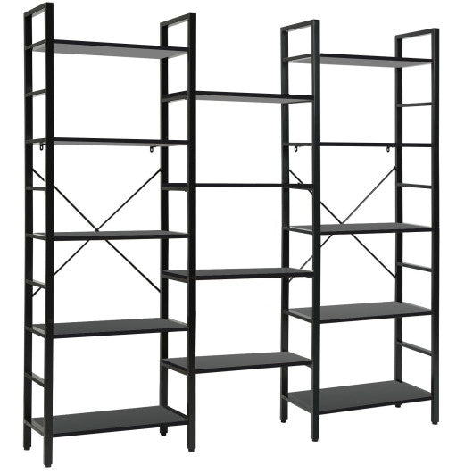 Vintage Triple Wide 5-Tier Bookcase Large Bookshelf Display Storage Shelf-Black