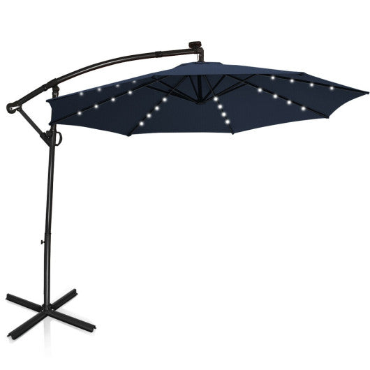 10 ft 360° Rotation Solar Powered LED Patio Offset Umbrella without Weight Base-Navy