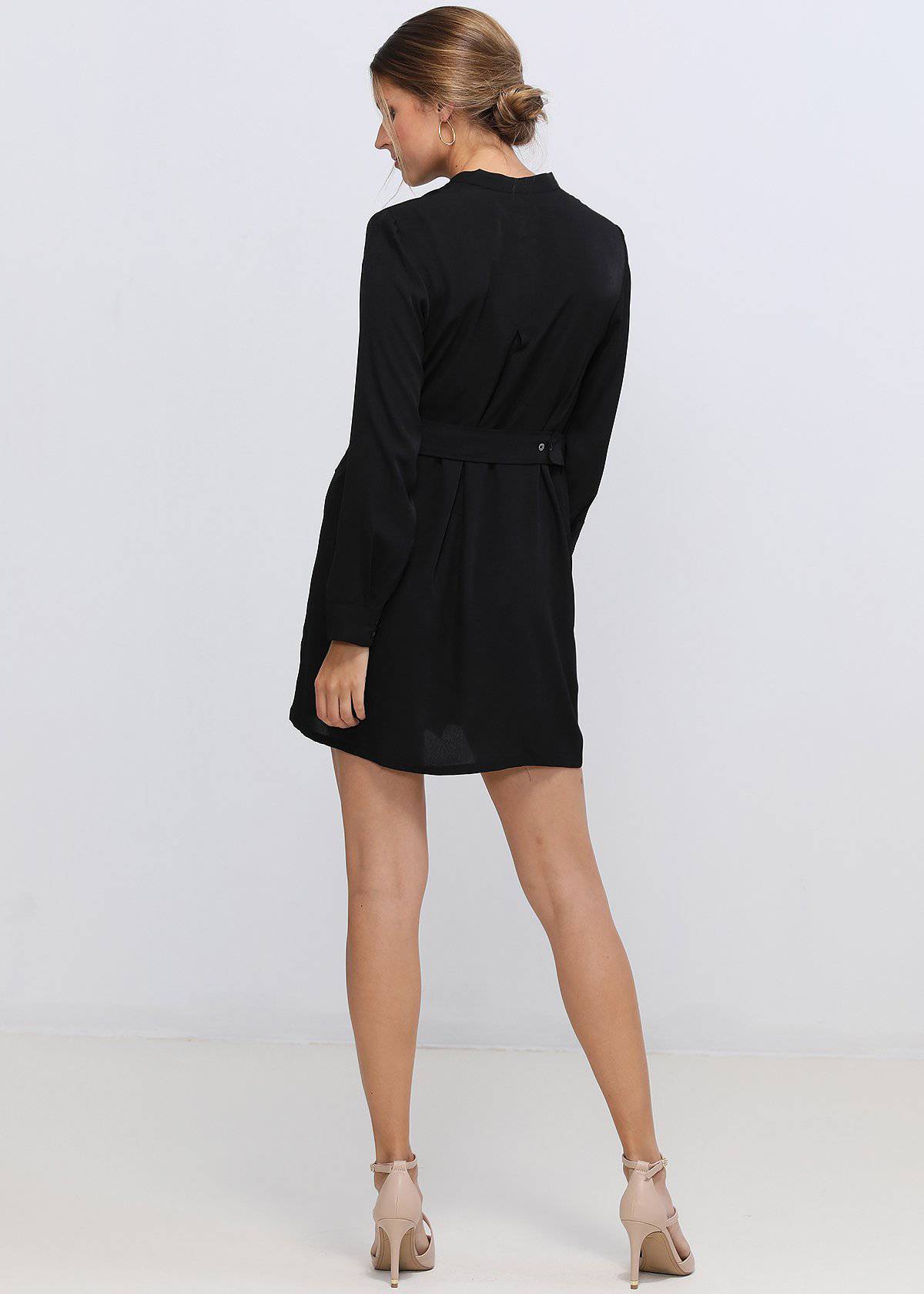 Women's Stand Collar Wrap Mini Dress In Black by Shop at Konus