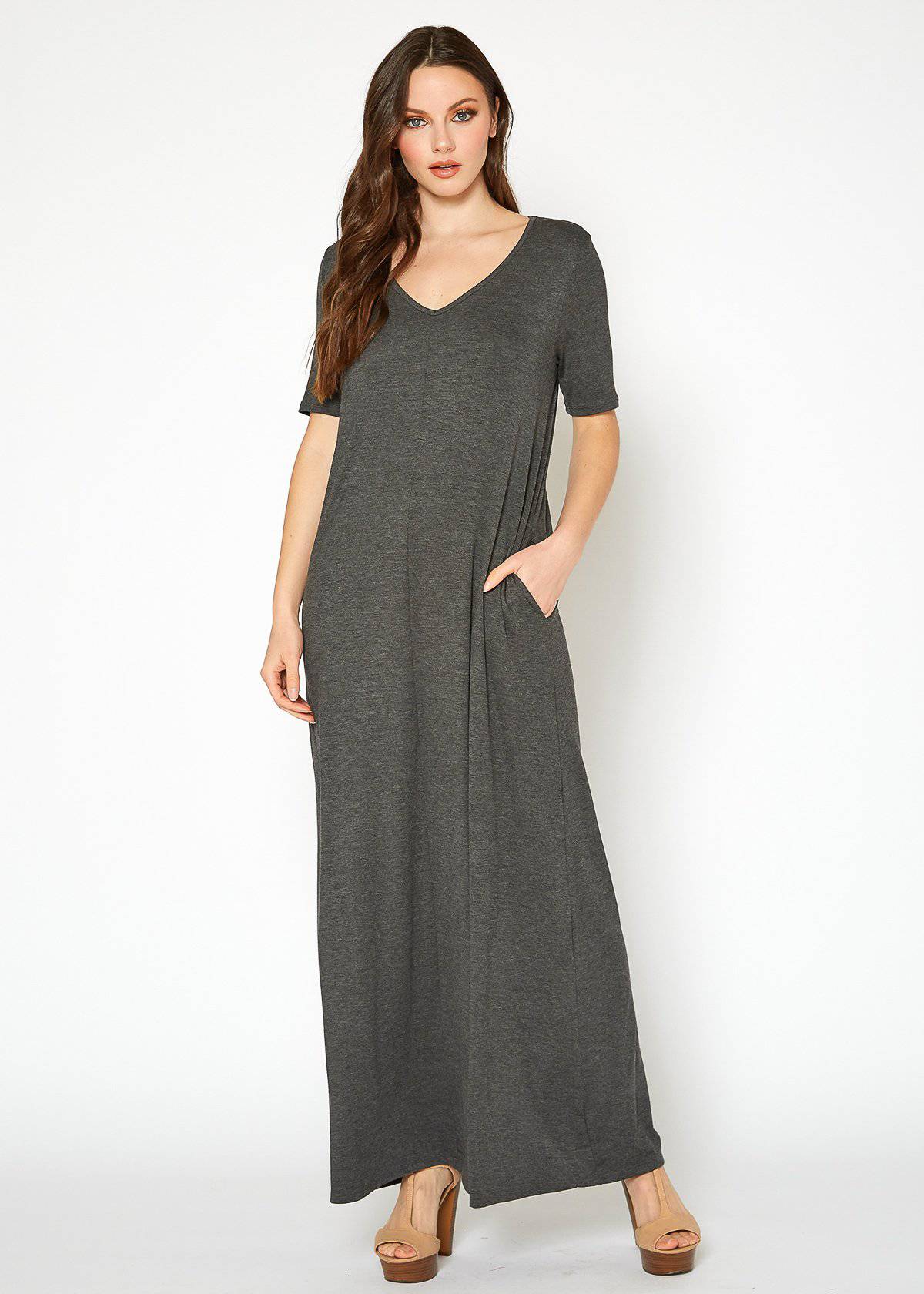 V-neck Short Sleeve Maxi Dress With Pockets by Shop at Konus