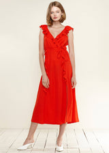 Women's Ruffle Trim Wrapped Maxi Dress in Red by Shop at Konus