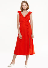 Women's Ruffle Trim Wrapped Maxi Dress in Red by Shop at Konus