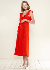 Women's Ruffle Trim Wrapped Maxi Dress in Red by Shop at Konus