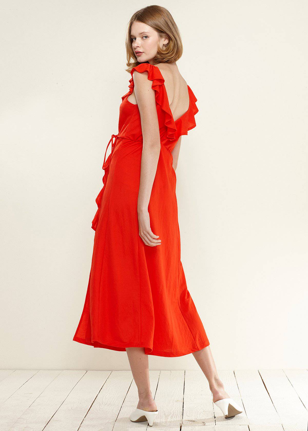 Women's Ruffle Trim Wrapped Maxi Dress in Red by Shop at Konus