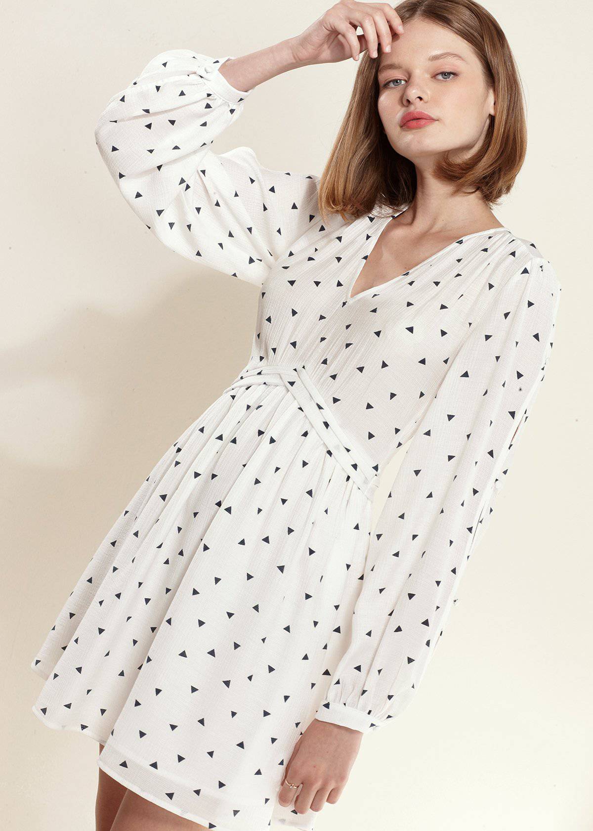 Women's Triangle Print Long Sleeve Dress in White Triangle by Shop at Konus