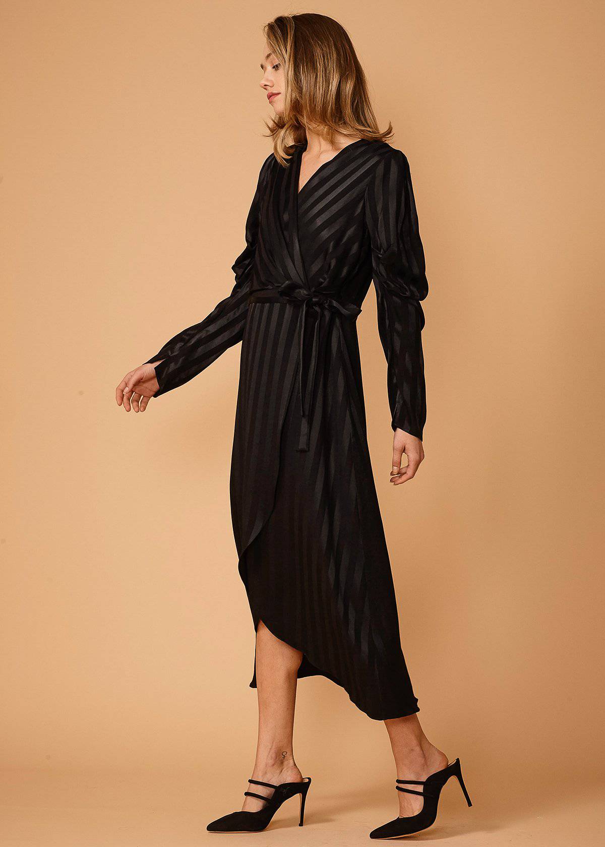 Women's Puffy Shoulder Dress in Black Stripe by Shop at Konus