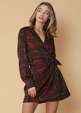 Plaid-polkadot Mini Wrap Dress in Brick by Shop at Konus