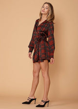 Plaid-polkadot Mini Wrap Dress in Brick by Shop at Konus