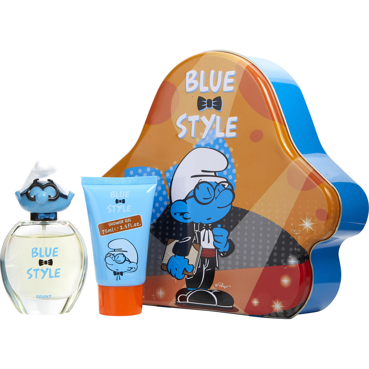 SMURFS 3D by First American Brands - BRAINY EDT SPRAY 1.7 OZ & SHOWER GEL 2.5 OZ & METAL LUNCH BOX (BLUE & STYLE) - Unisex