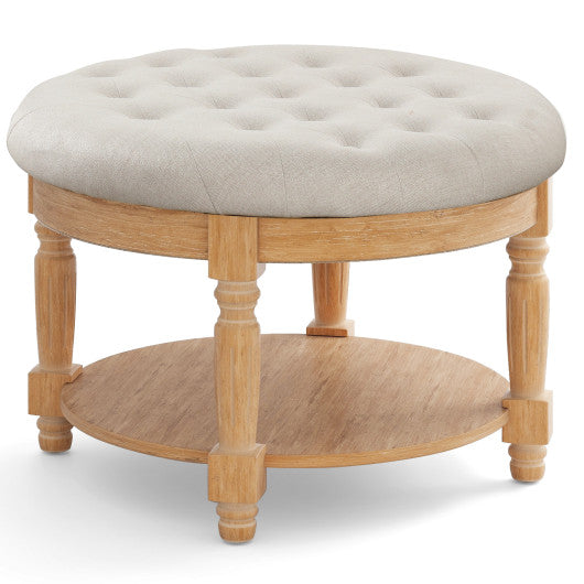 29 Inch Large Round Ottoman Coffee Table 2-Tier Upholstered Tufted Footrest Ottoman with Flip-up Top-Beige