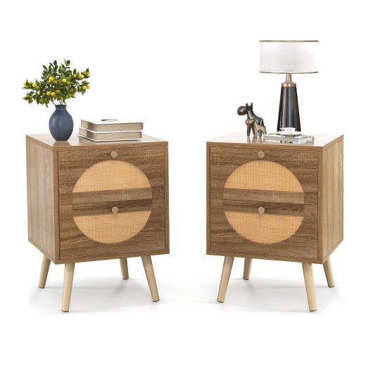 Set of 2 Rattan Nightstand with 2 Drawers and Solid Wood Legs-Natual