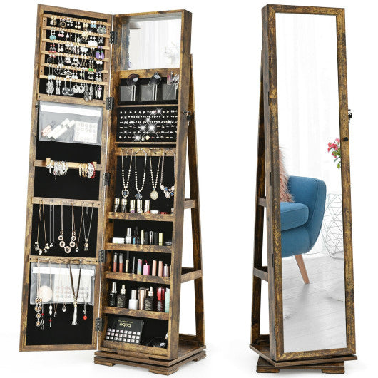 360° Rotatable 2-in-1 Lockable Jewelry Cabinet with Full-Length Mirror-Rustic Brown