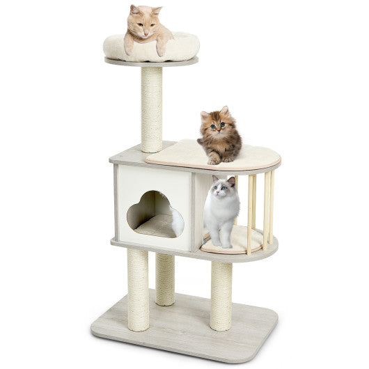 46 Inch Wooden Cat Activity Tree with Platform and Cushionsfor for Cats and Kittens