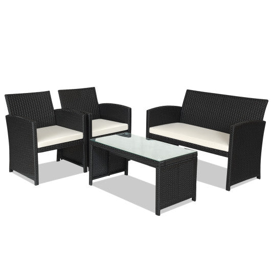 4 Pieces Rattan Patio Furniture Set with Weather Resistant Cushions and Tempered Glass Tabletop-White