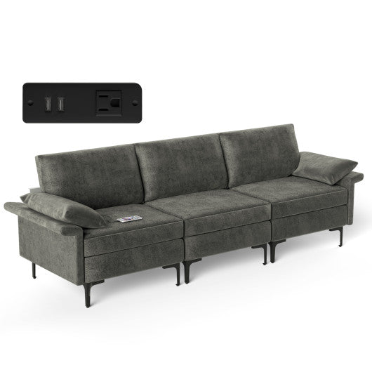 Large 3-Seat Sofa Sectional with Metal Legs and 2 USB Ports for 3-4 people-Silver