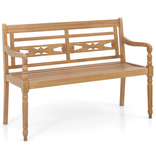 2-Person Teak Wood Patio Bench with Wide Backrest and Curved Armrests